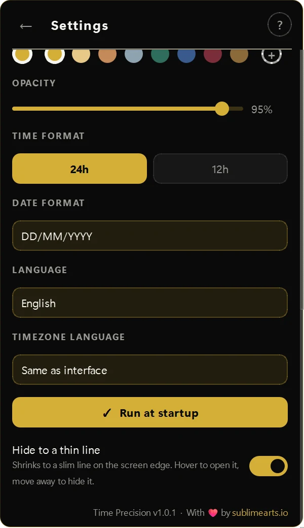 Settings, scrolled: alarms, plugins and the hide-to-a-thin-line switch